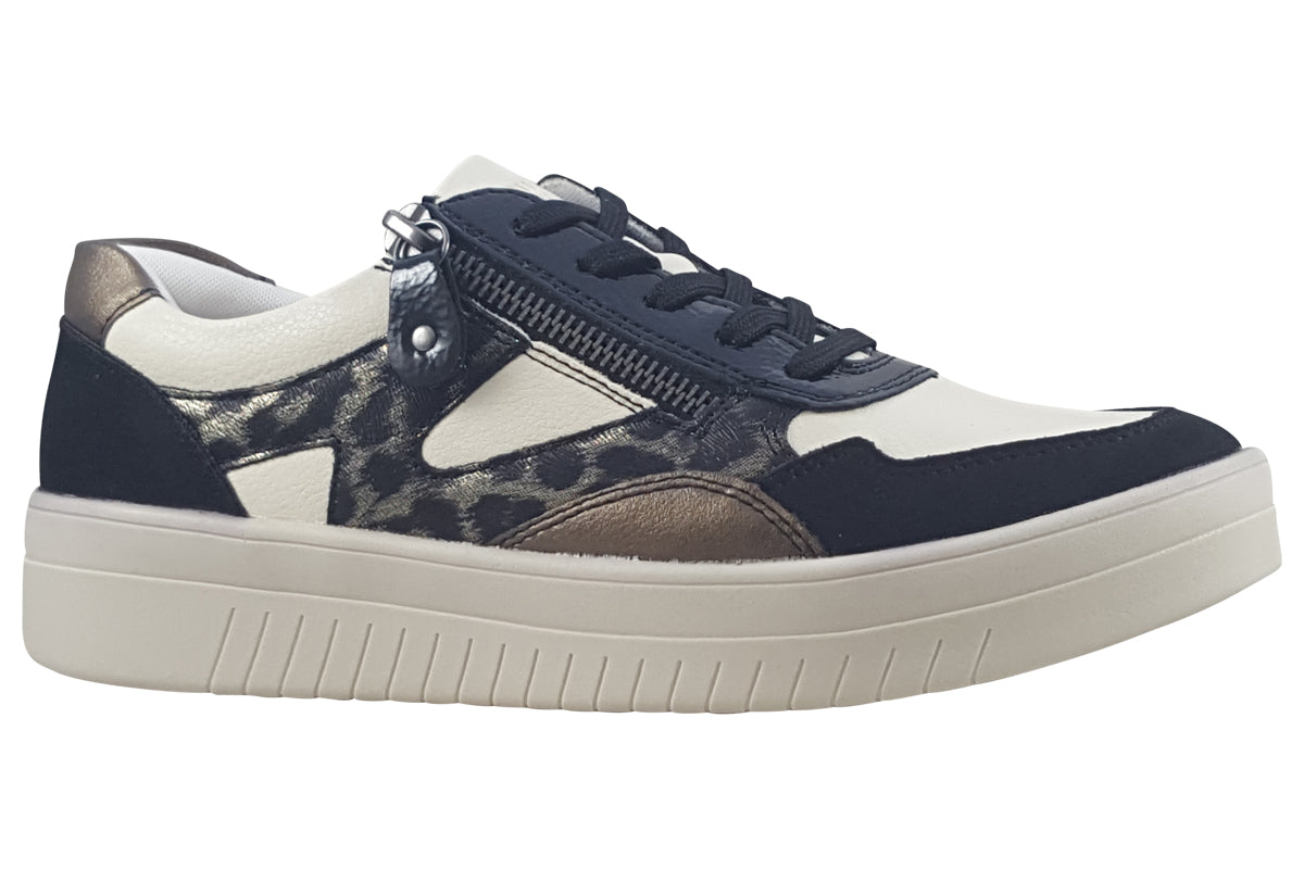 Remonte Women's Leather Sneakers - Beige Zip-Up Trainers With Animal Print & Lite 'n Soft Comfort