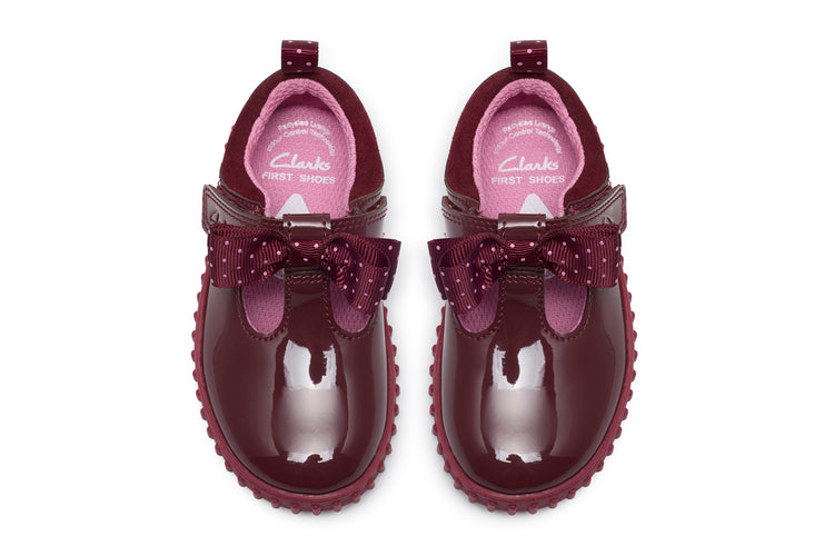 Clarks Cove Bow T. Burgundy Patent Girls First Shoes