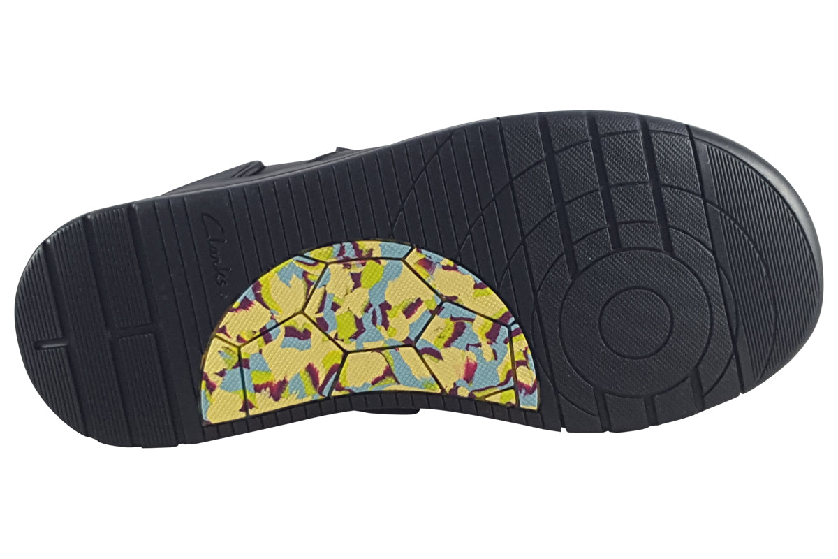 clarks laser track k black leather girls shoes sole