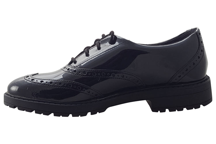 Clarks LoxhamBrogueY Black Patent Girls School Shoes