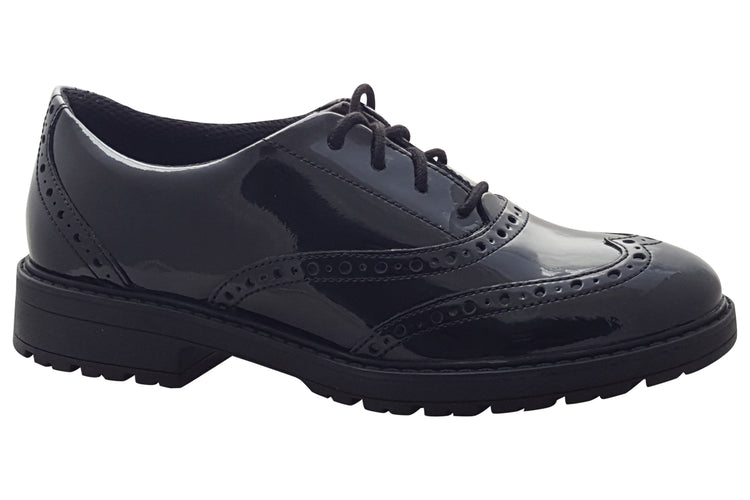 Clarks LoxhamBrogueY Black Patent Girls School Shoes