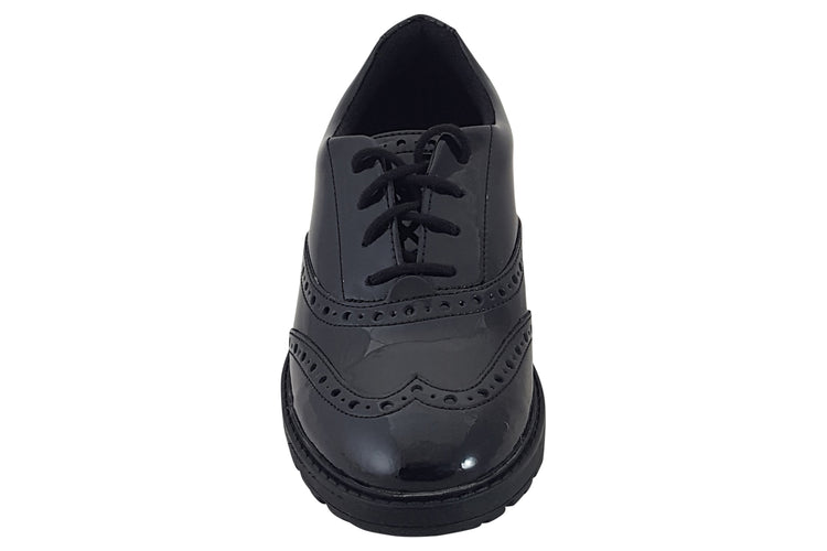 Clarks LoxhamBrogueY Black Patent Girls School Shoes