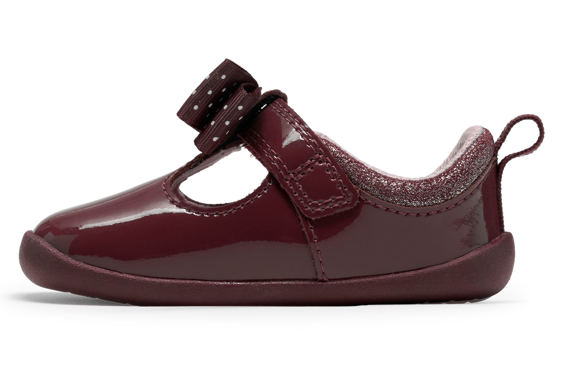 clarks-roamer-trim-t-girls-shoes-burgundy-patent-left-flat