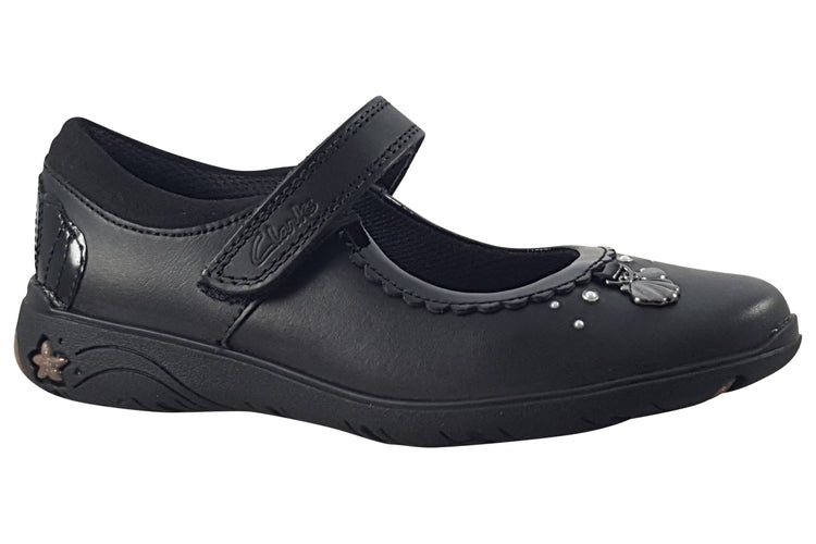 Clarks Sea Shimmer K Black Leather Girls School Shoes