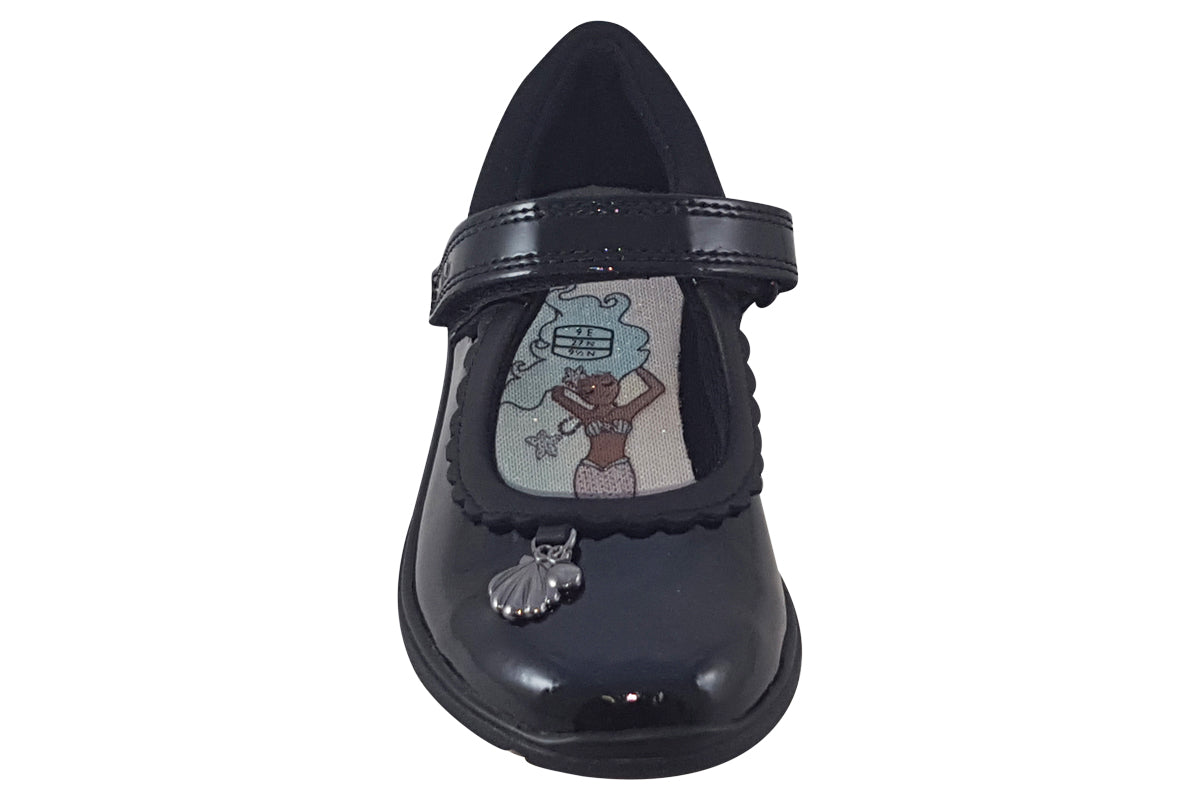 clarks sea shimmer t black pat girls shoes top