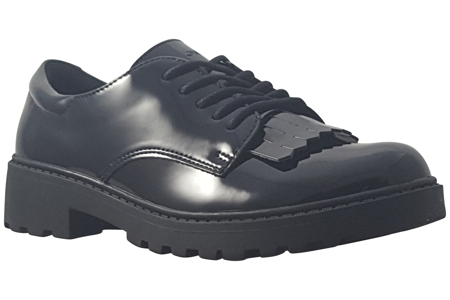 Geox J Casey Fringe J6620A Black Patent Girls School Shoes
