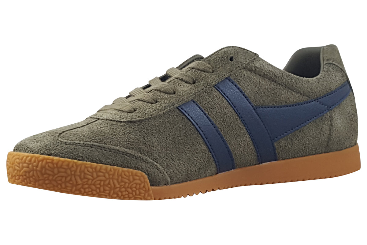 gola-harrier-suede-cma192-khaki-navy-trainers-left