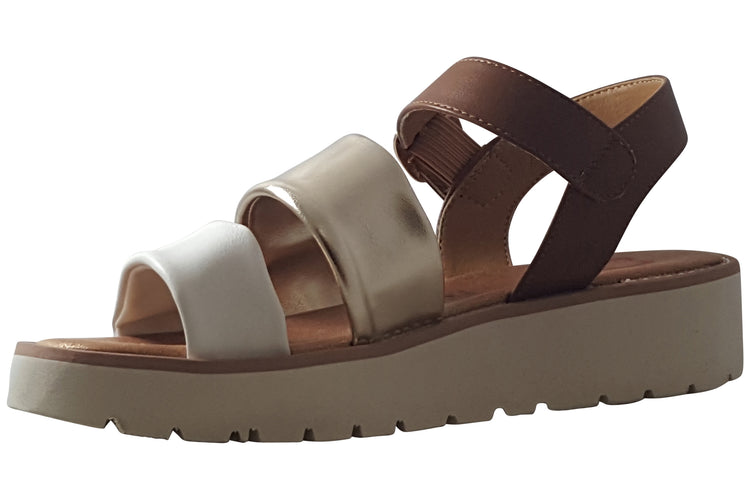 Heavenly Feet Fleur Tan/Gold/White Womens Sandals