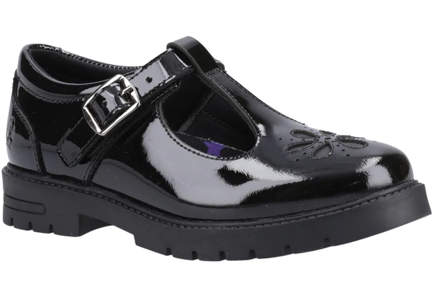 Hush Puppies Fiona T-Bar Black Patent Girls School Shoes
