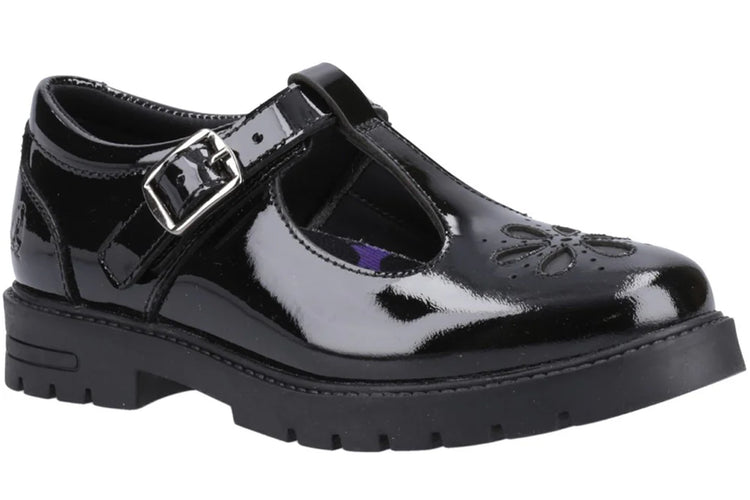 Hush Puppies Fiona T-Bar Black Patent Girls School Shoes