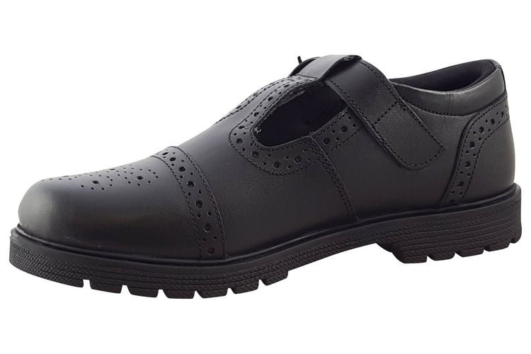 Hush Puppies Paloma T-Bar Black Leather Girls School Shoes