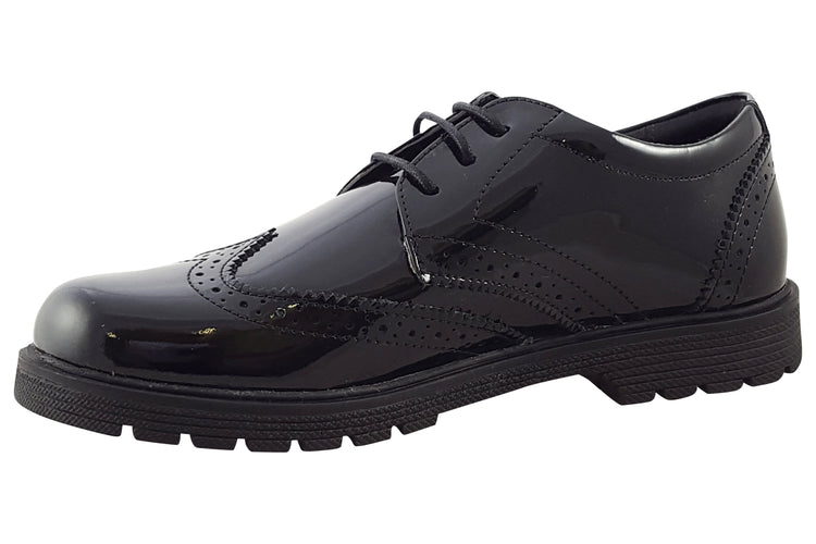 Hush Puppies Sally Brogue Black Patent Girls School Shoes