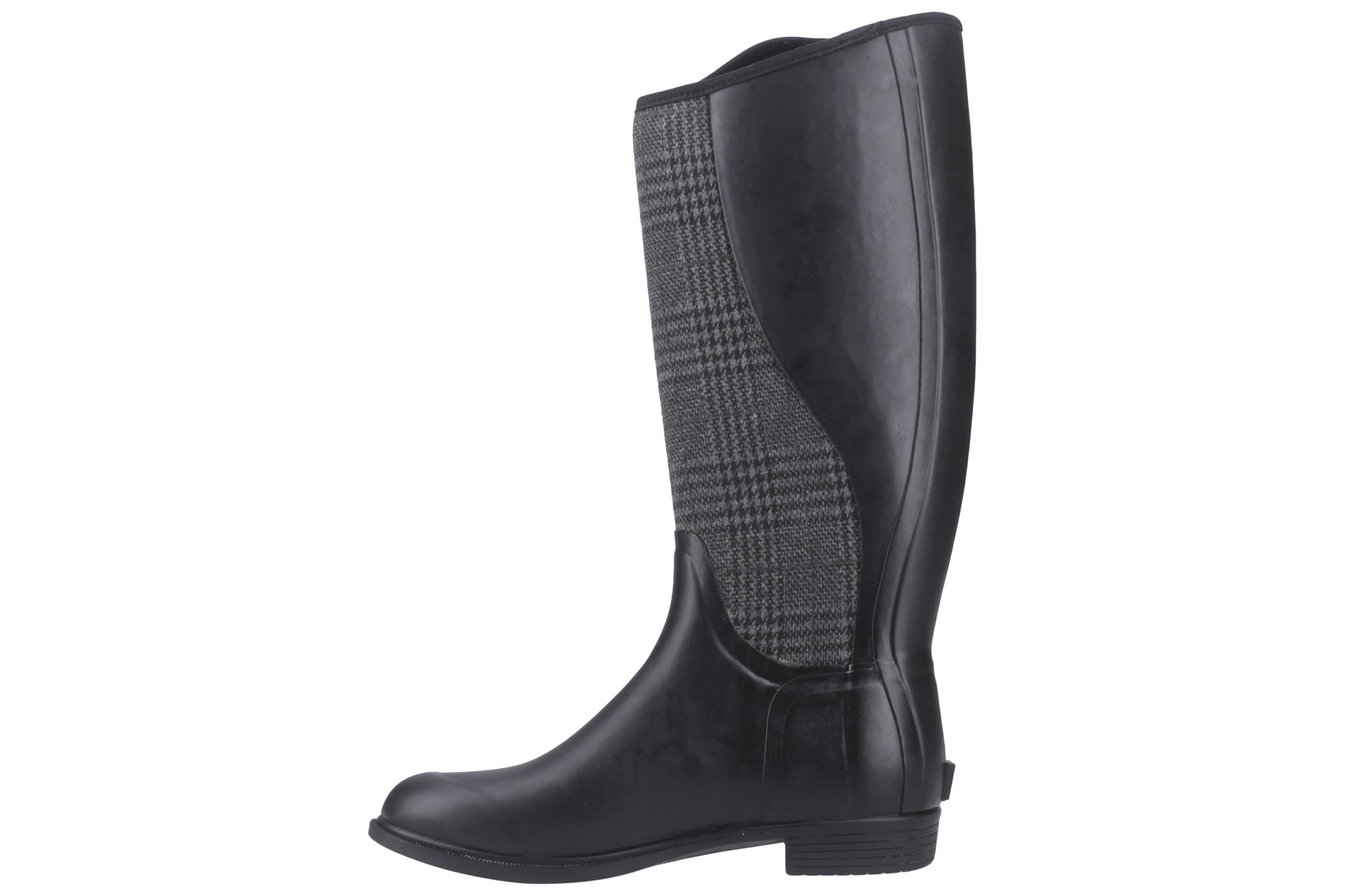 muckboots-derby-tall-black-plaid-textile-weather-wellingtons-left