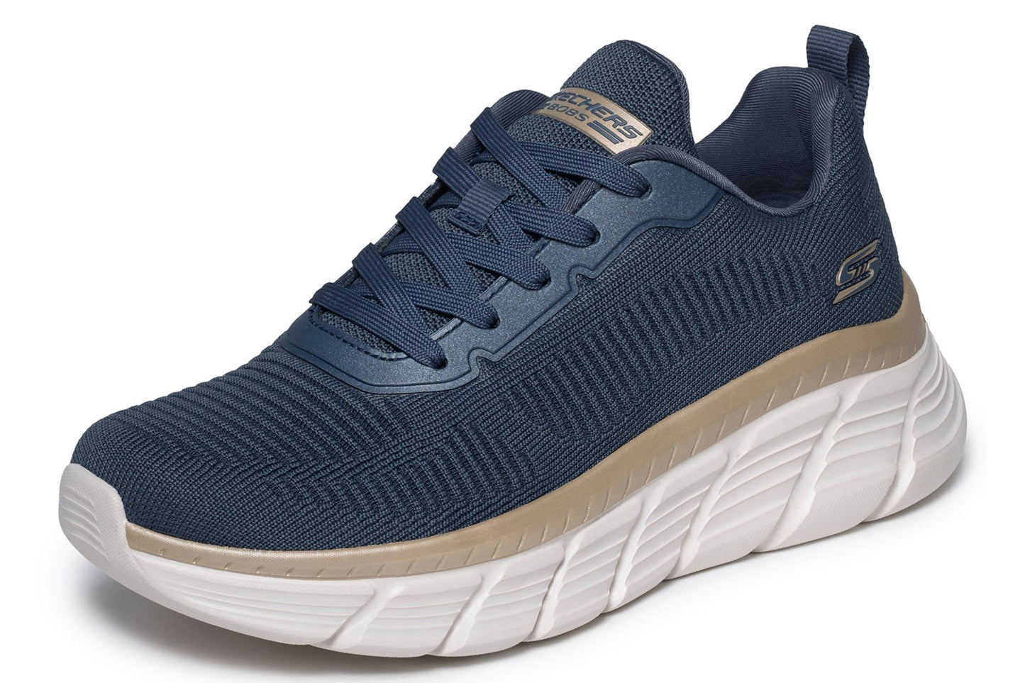 Skechers Bobs B Flex Hi Flying Navy/Gold Engineered Knit Womens Sports