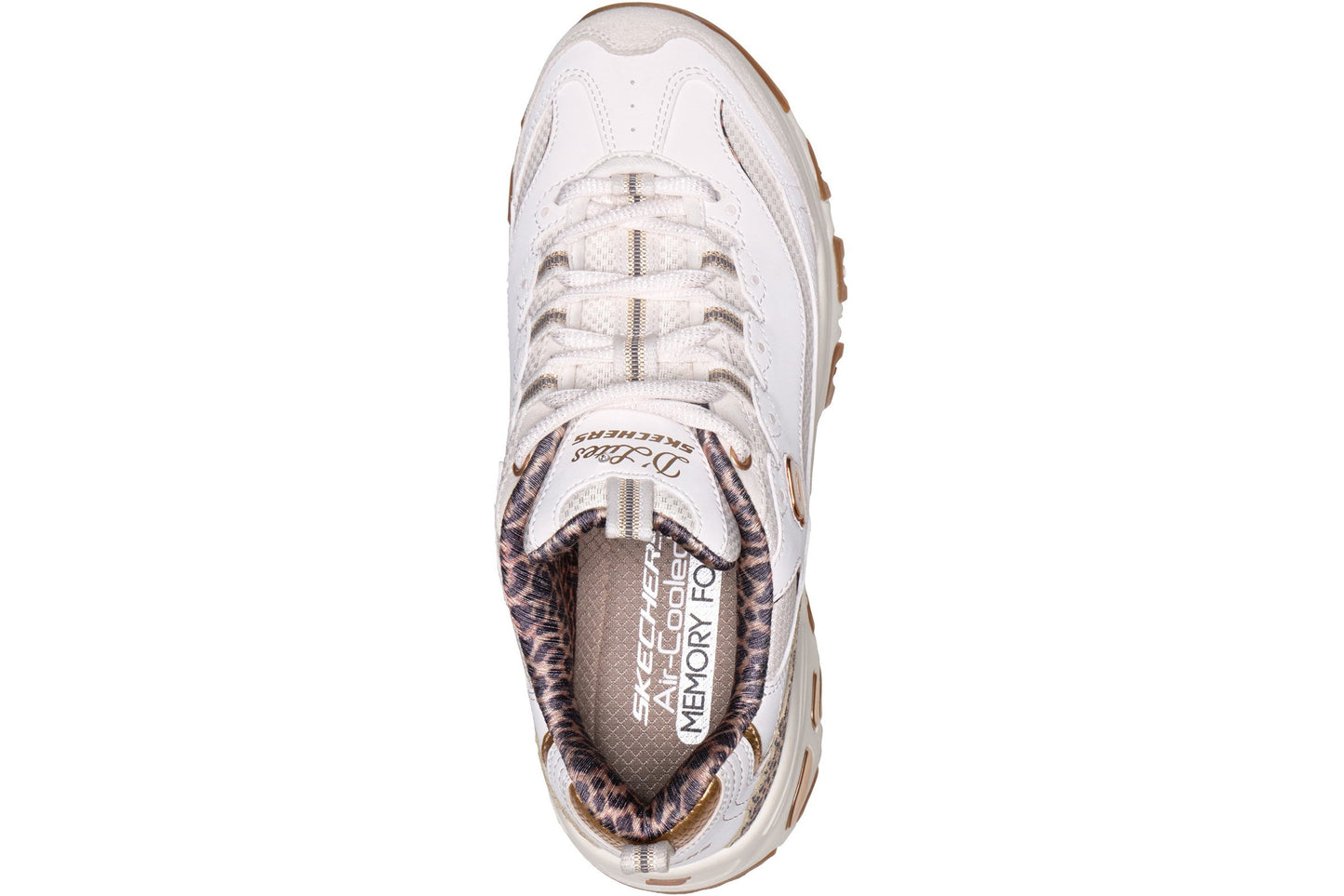 Skechers D'Lites Wild Charm White Duraleather/Leopard Trim Womens Fashion Trainers