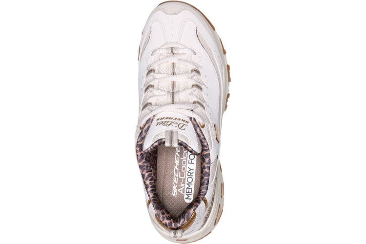 Skechers D'Lites Wild Charm White Duraleather/Leopard Trim Womens Fashion Trainers