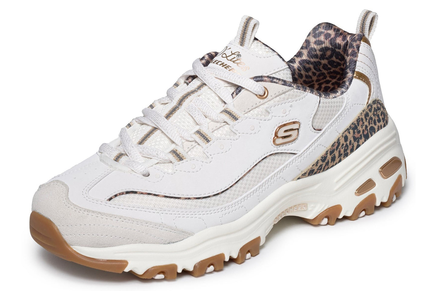 Skechers D'Lites Wild Charm White Duraleather/Leopard Trim Womens Fashion Trainers