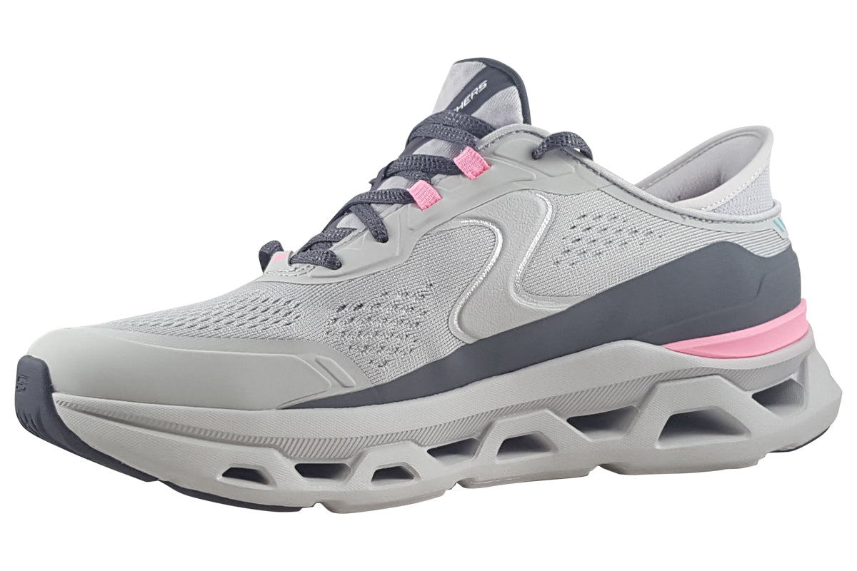 skechers glide step atlus grey pink trainers left