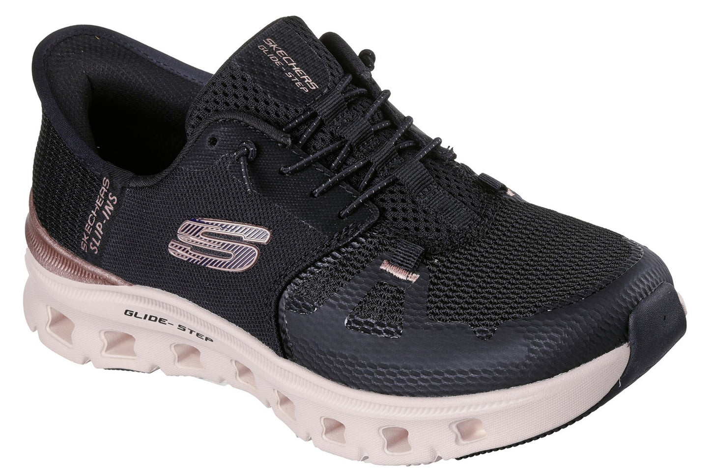 Skechers Slip-Ins Glide-Step Pro Radiant Black Mesh/Rose Gold Trim Womens Fashion Trainers