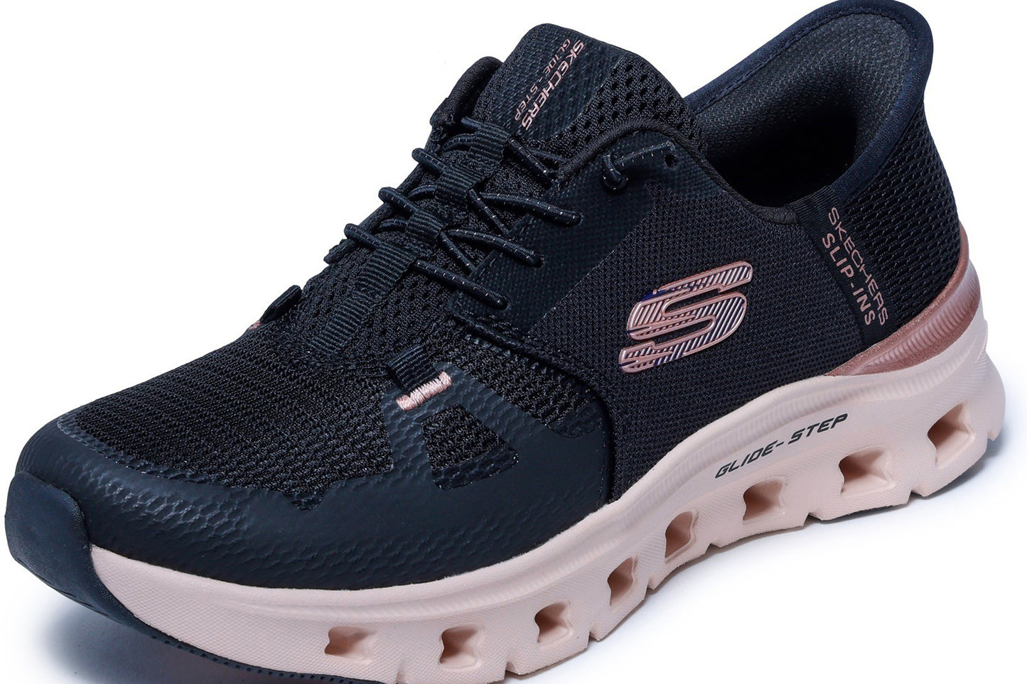 Skechers Slip-Ins Glide-Step Pro Radiant Black Mesh/Rose Gold Trim Womens Fashion Trainers
