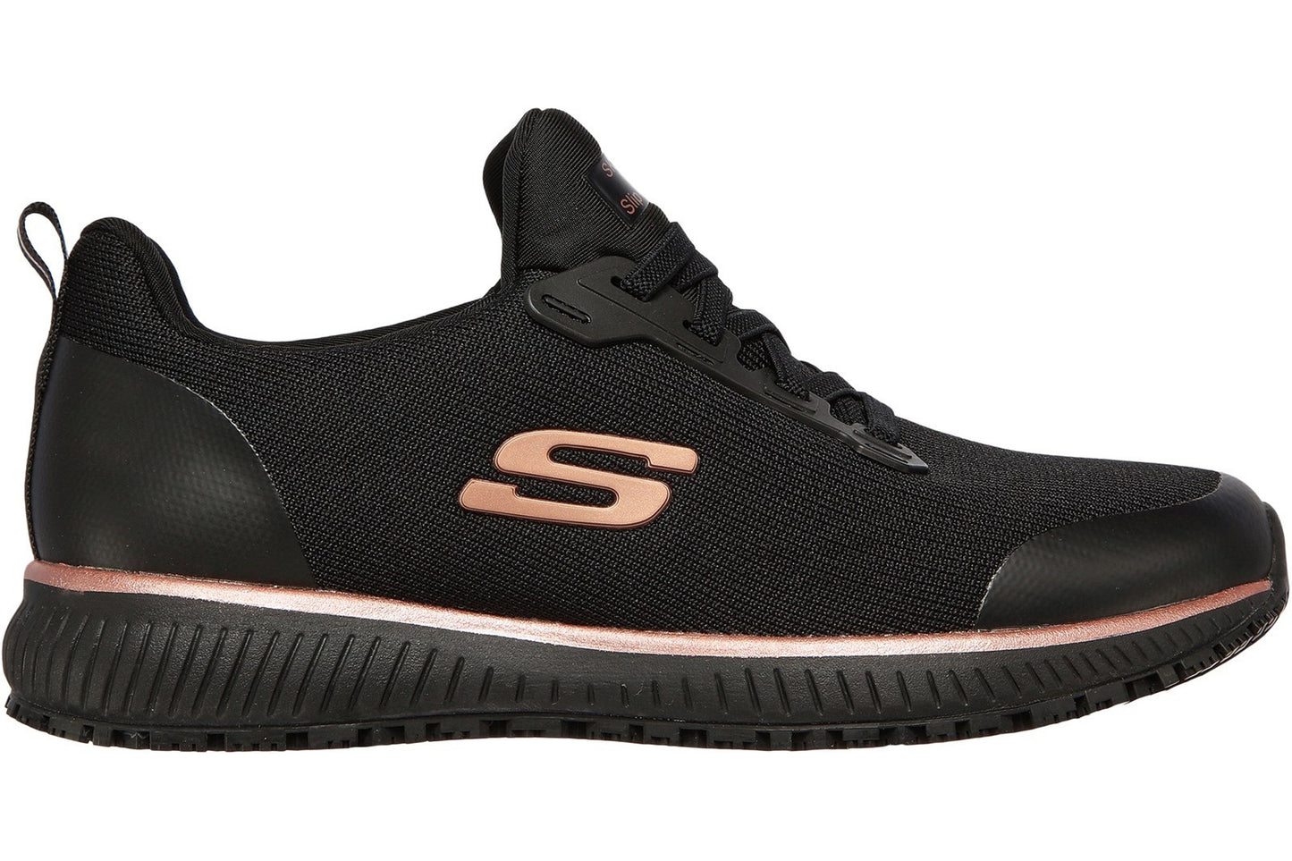 Skechers Squad Slip Resistant 77222EC Black/Rose Gold Womens Shoes