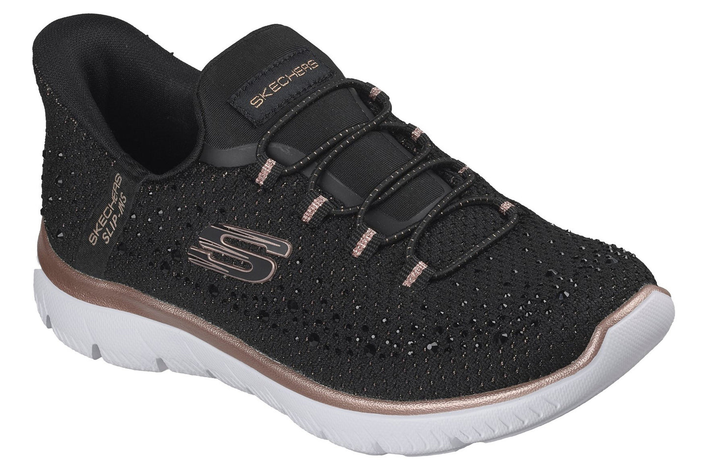 Skechers Slip-Ins Summits Brilliant Shine Black Mesh/Rose Gold Trim Womens Fashion Trainers