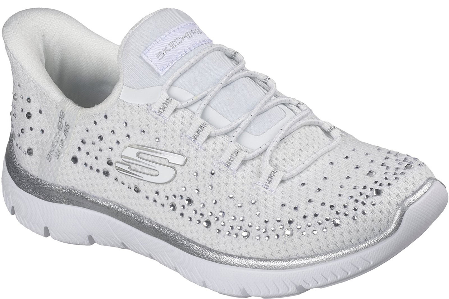 Skechers Slip-Ins Summits Brilliant Shine White Mesh/Silver Trim Womens Fashion Trainers
