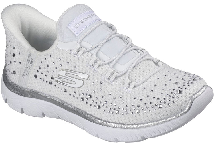 Skechers Slip-Ins Summits Brilliant Shine White Mesh/Silver Trim Womens Fashion Trainers