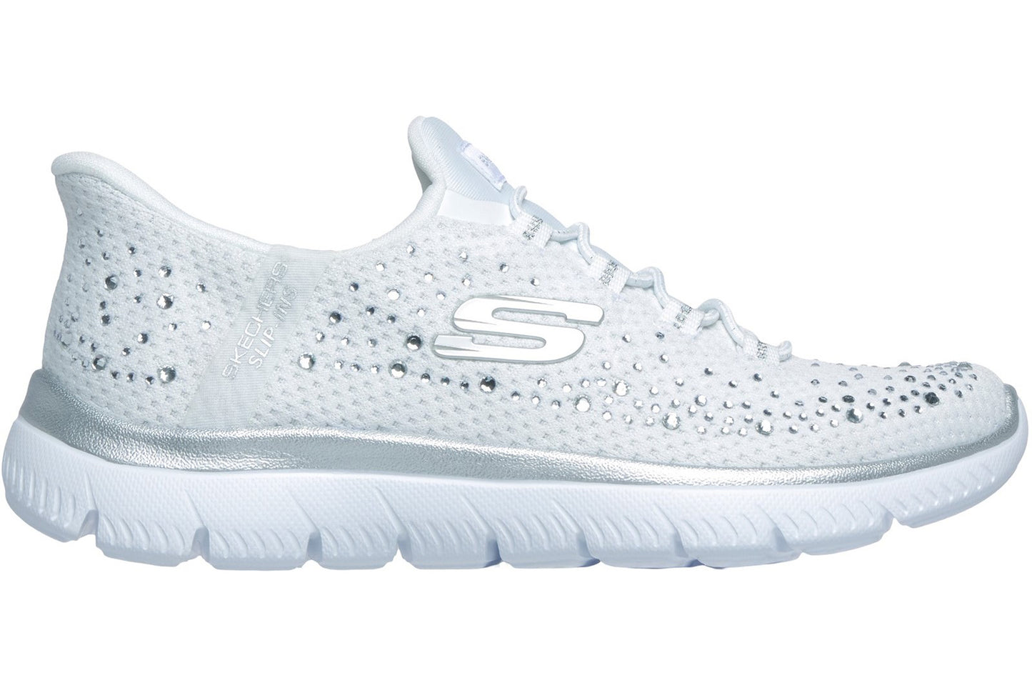Skechers Slip-Ins Summits Brilliant Shine White Mesh/Silver Trim Womens Fashion Trainers