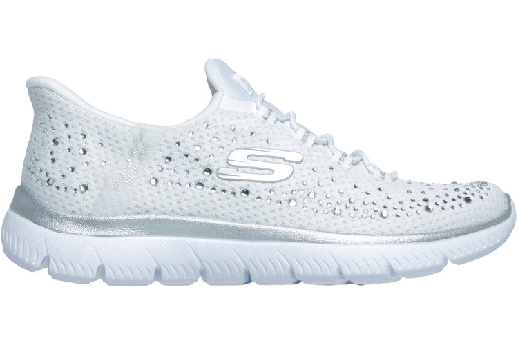 Skechers Slip-Ins Summits Brilliant Shine White Mesh/Silver Trim Womens Fashion Trainers