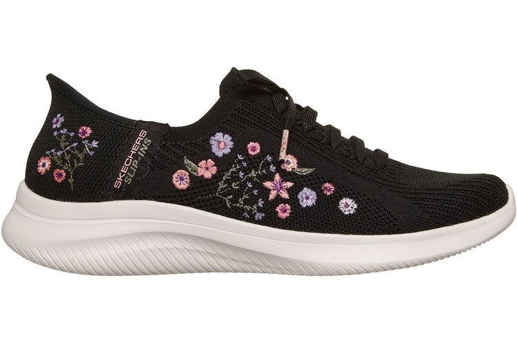 Skechers Slip-Ins Ultra Flex 4.0 Sweet Petal Black Knit/Multi Trim Womens Fashion Trainers